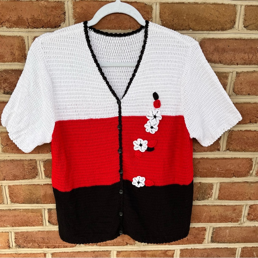Hand crochet cardigan sweater top. Aprox size medium. One of a kind